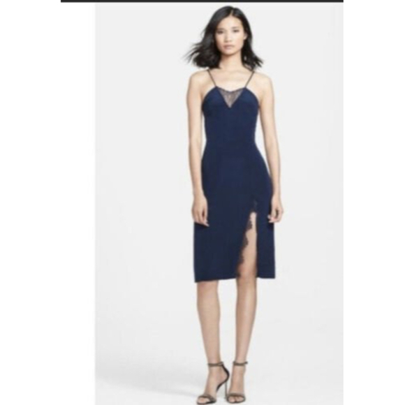 Tamara Mellon Dresses & Skirts - Tamara Mellon Lace-Insert Spaghetti Strap Navy Blue Silk Slip Mini Dress Size 2